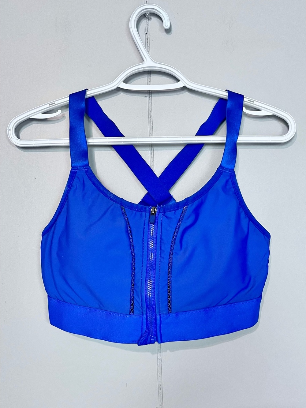 Fabletics Blue High Impact Zip Front Sports Bra Criss Cross Back